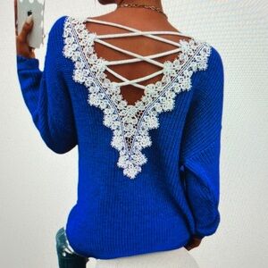 Blue Sweater with Lace Back Detail